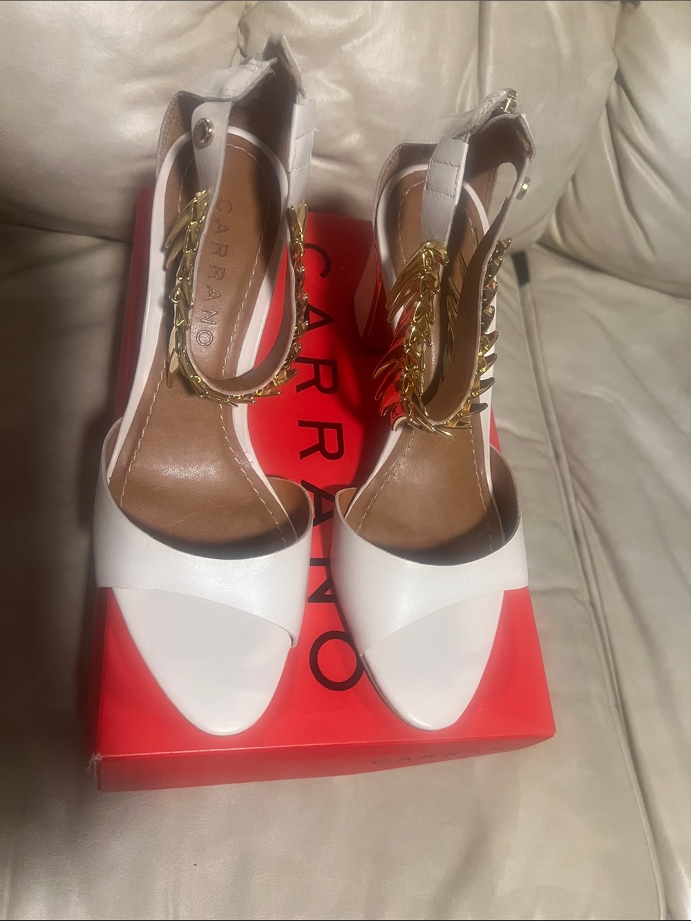 Carrano White Leather Ankle-Strap Heels with Gold Chain Accent
